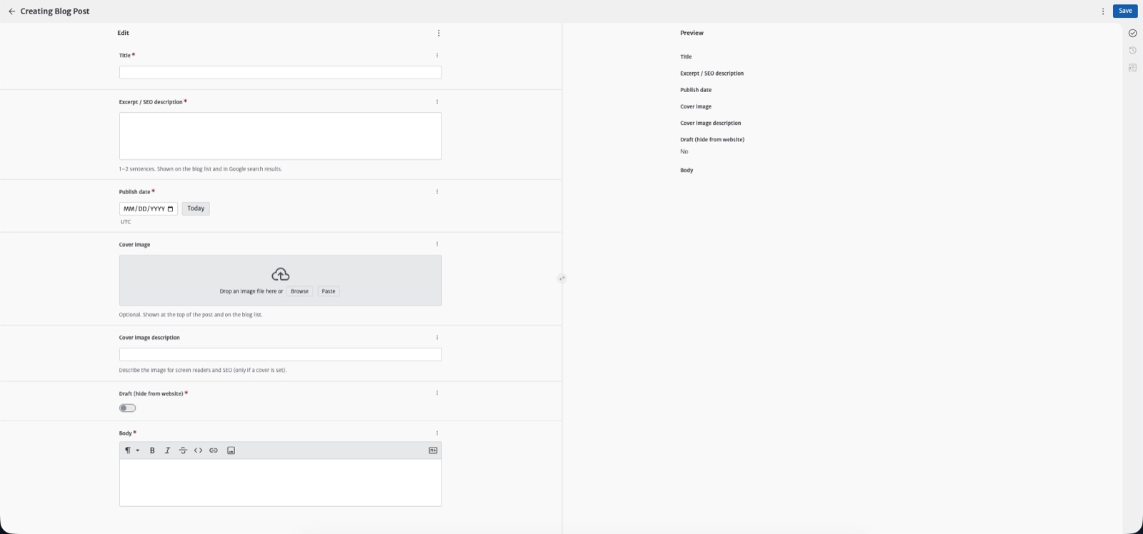 The new blog post editor showing Title, Excerpt, Publish date, Cover image, Cover image description, and Draft fields, with a live preview on the right and the Body box and its toolbar at the bottom