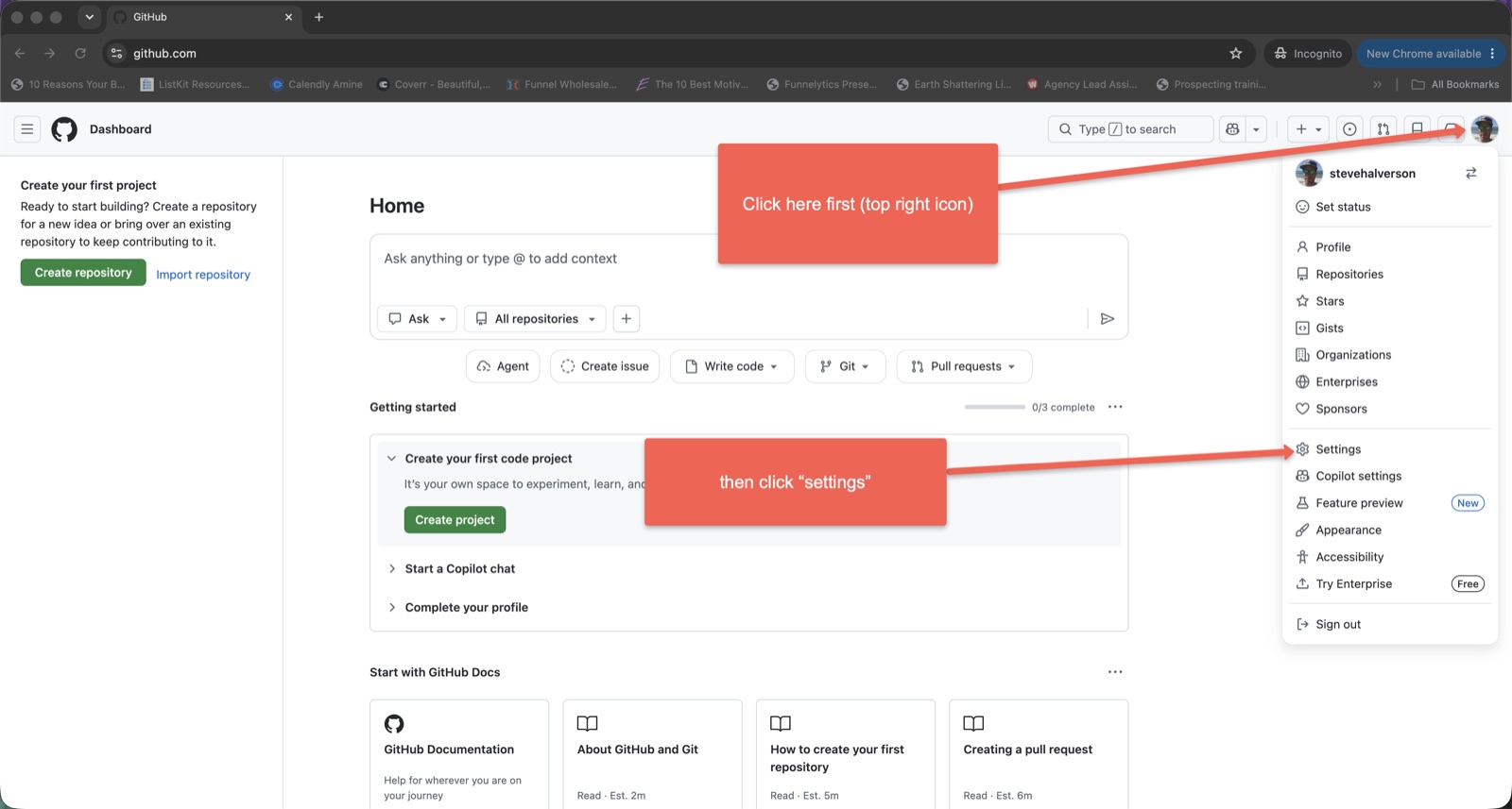 The GitHub profile menu open, with the profile photo and Settings highlighted