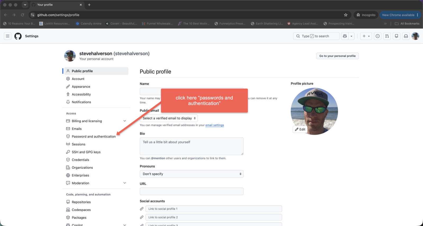 The GitHub Settings page with Password and authentication highlighted in the left menu