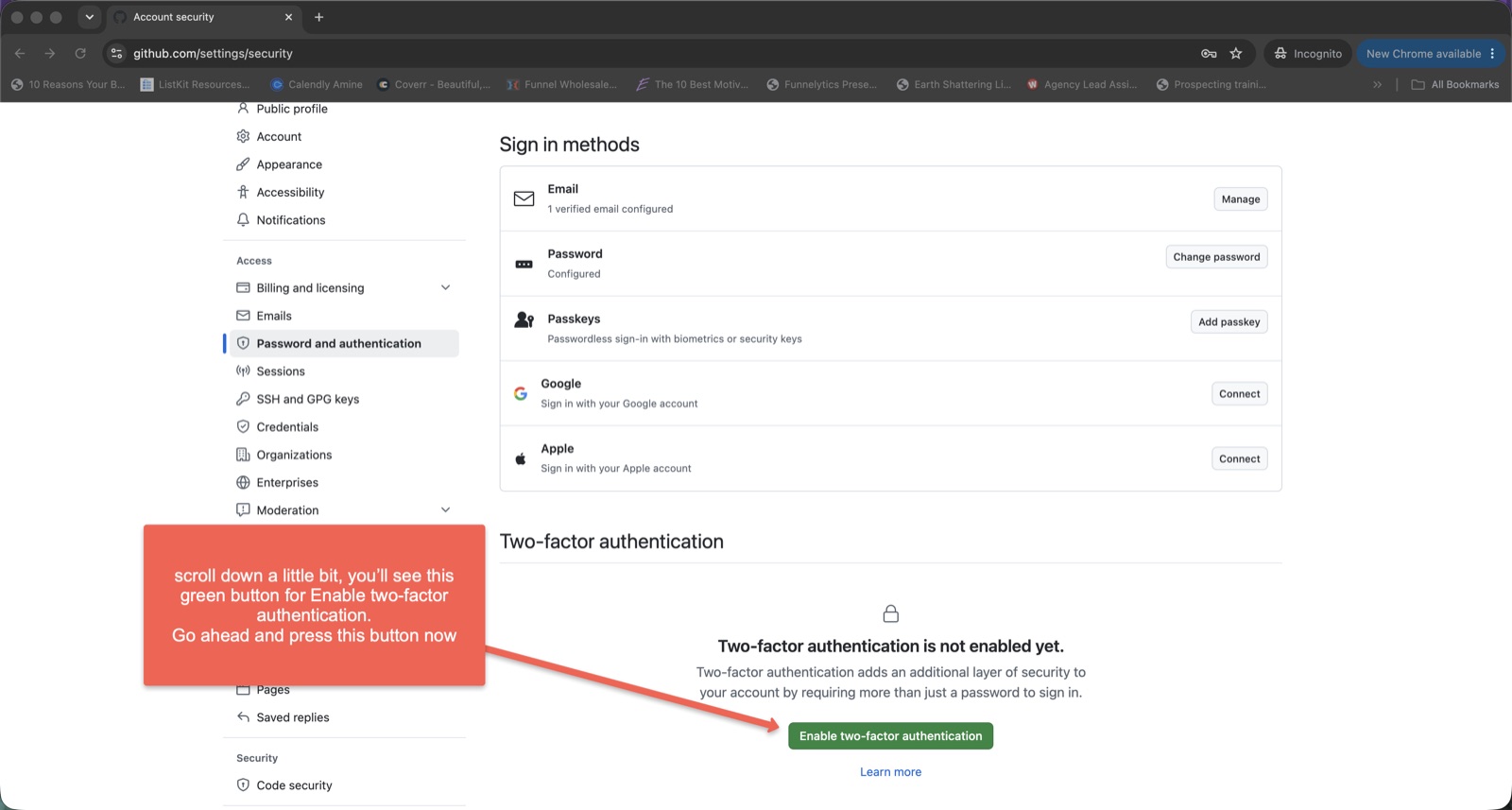 The Two-factor authentication section with the green Enable two-factor authentication button