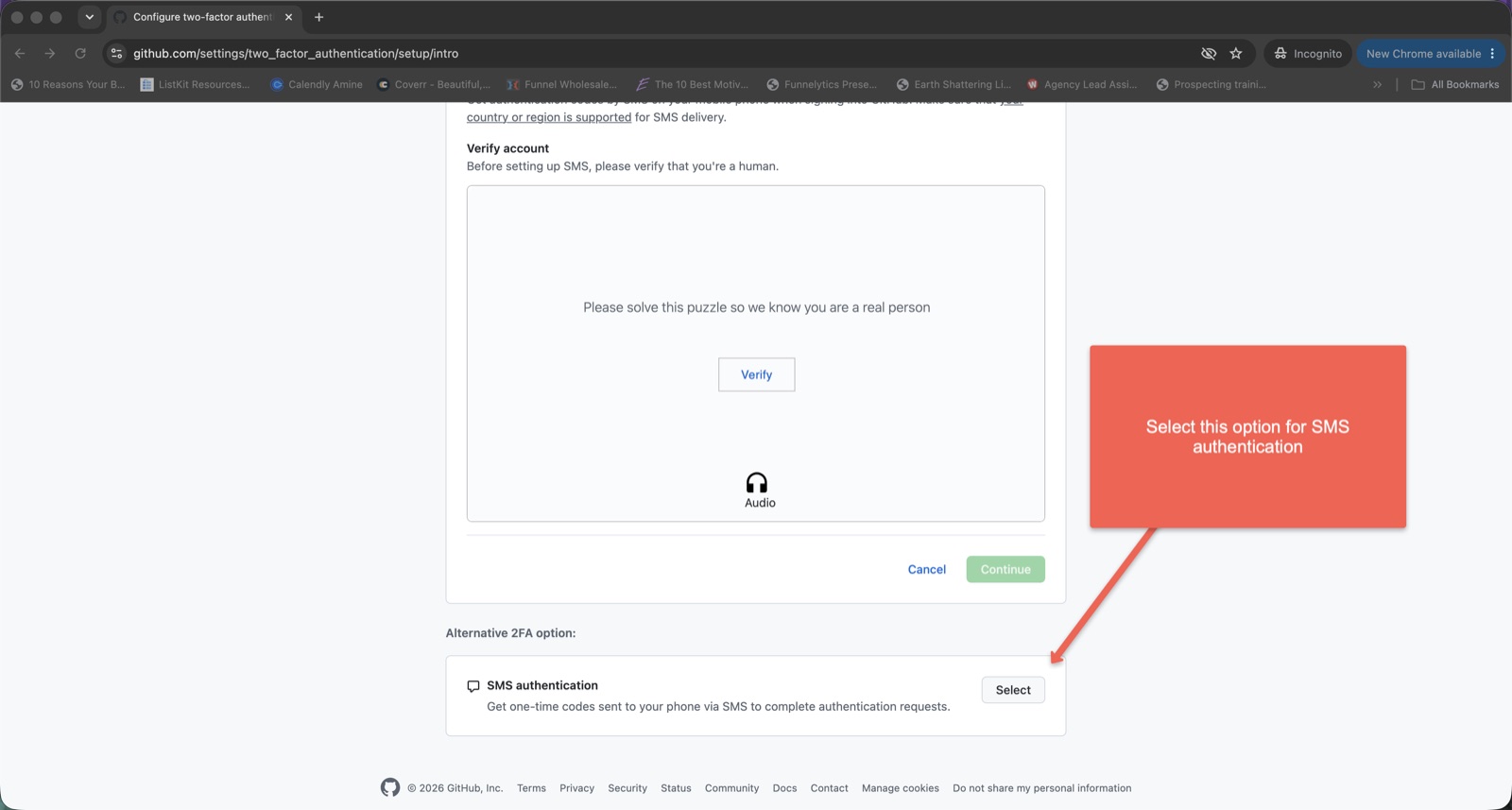 The 2FA setup screen with SMS authentication and its Select button highlighted