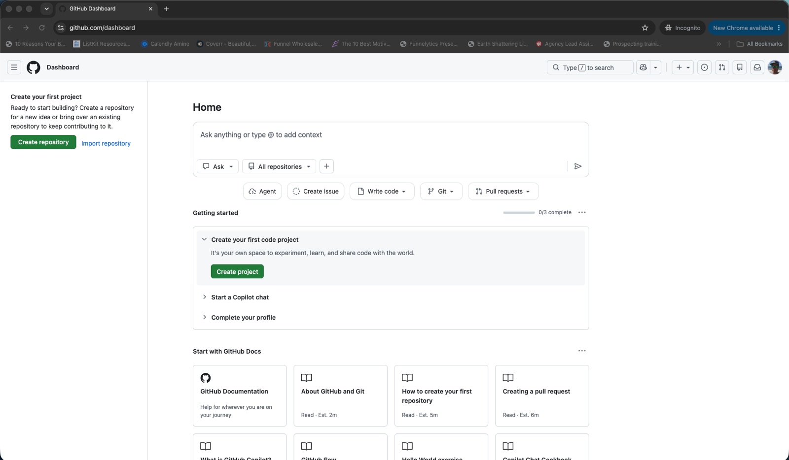 The GitHub home dashboard after signing in