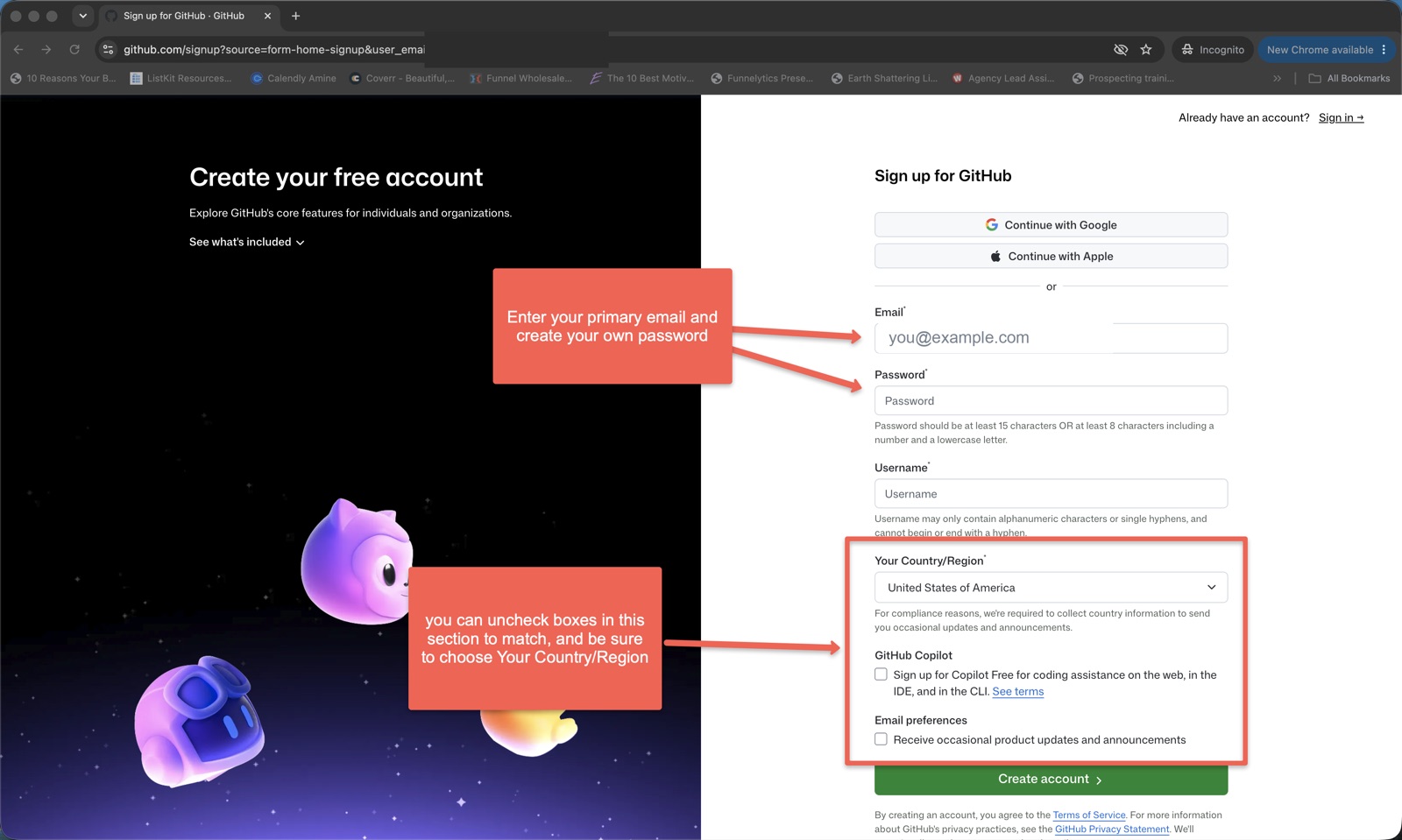 GitHub's Create your free account form — email, password, username, and Country/Region fields, with the green Create account button