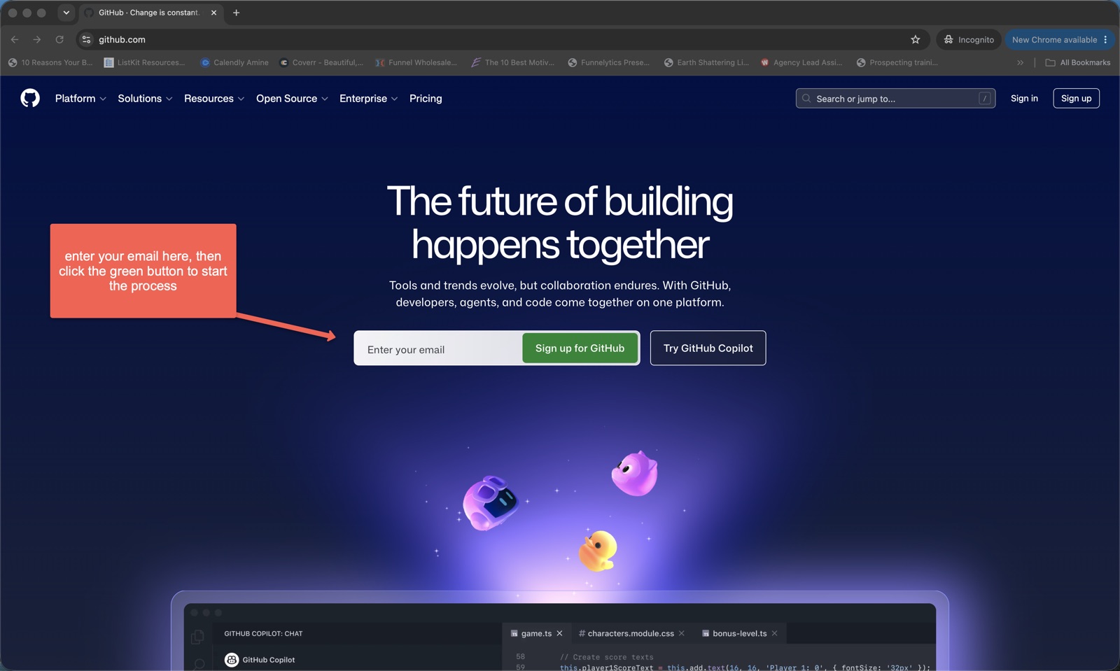 The github.com home page with the email field and green Sign up for GitHub button highlighted