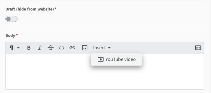 The Body box toolbar with the Insert menu open, showing the YouTube video option
