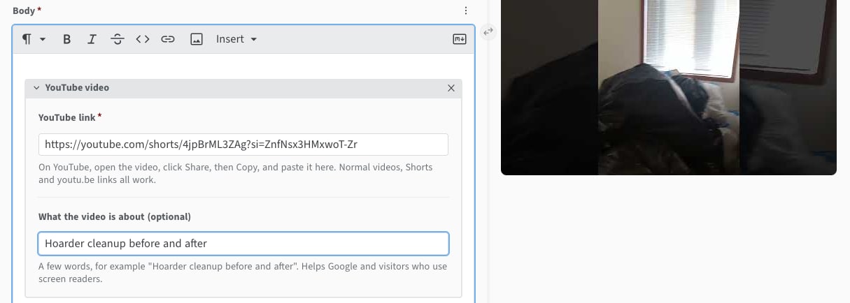 The YouTube video box in the Body with a link pasted in, and a picture of the video showing in the preview on the right